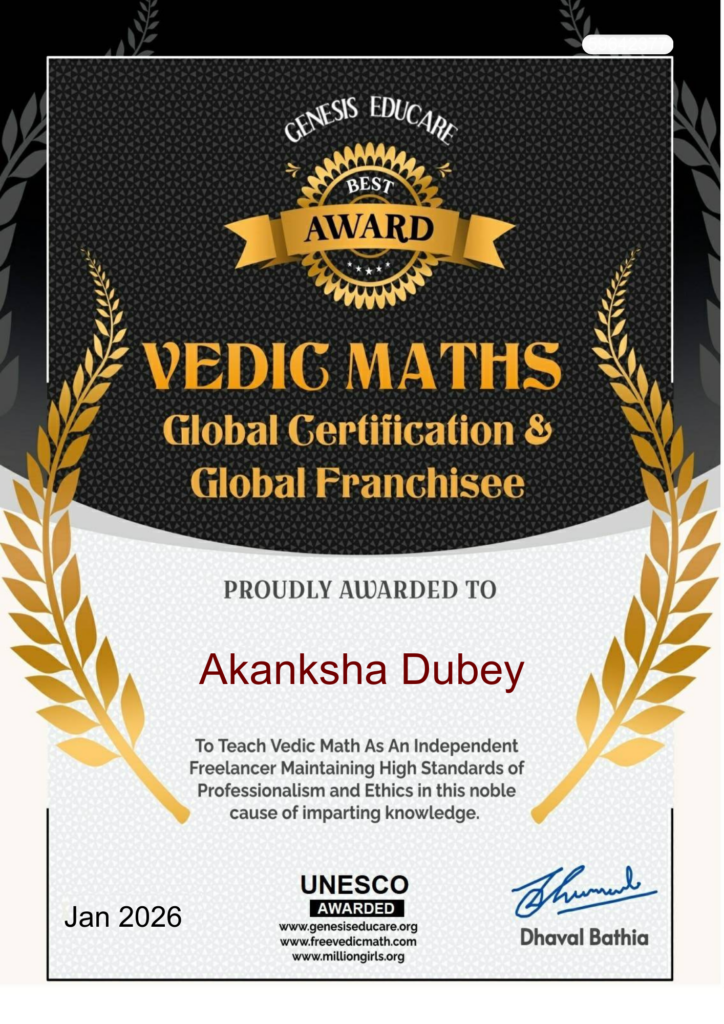 Acharya Akanksha Dubey Vedic Maths Franchisee Certificate